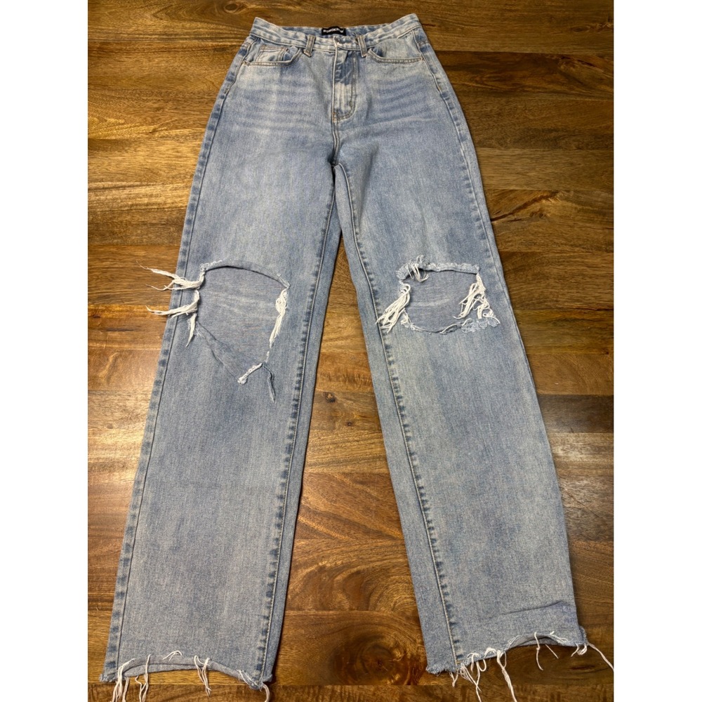 Momokrom High Waisted Wide Leg Distressed Jeans Light Wash Blue UK 8 EU 36